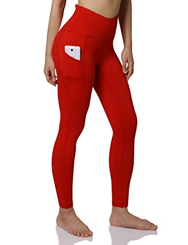 ODODOS Women’s High Waist Yoga Pants with Pockets,Tummy Control,Workout Pants Running 4 Way Stretch Yoga Leggings with Pockets,Red,Medium
