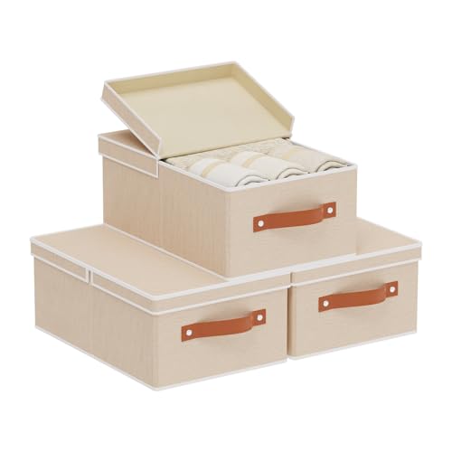 Photo 1 of YheenLf 3-Pack Storage Boxes, Foldable Blanket Basket with Detachable Lid, Linen Closet 0rganizers with Double Handles, Collapsible Cubes for Organizing, Beige, 13 x 9.1 x 5.5 inch