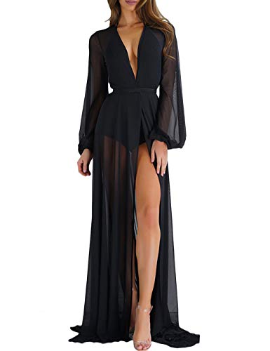 Women's Long Sleeve Bowknot Evening Lace Clubwear Wraps High Slit Tie Front Seethrough Dress Gown(BL-L) Black