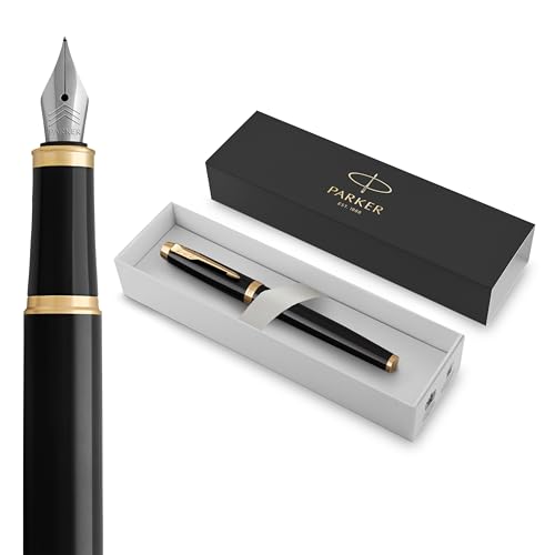Parker IM Fountain Pen, Black Lacquer with Gold Trim, Fine Nib - Includes Blue…