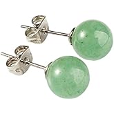 Gemstone Studs - Real Jade Jewelry for Women - Sage Light Green Stone Earrings - Hypoallergenic - Ball Earring Post 6mm, 8mm - Lapis Lazuli - Tiger Eye - Flat Back Large 12mm Earring - Handmade - Gifts for Anniversary - Graduation - Back to School - Teacher Appreciation - Mens Birthstone Birthday Gift