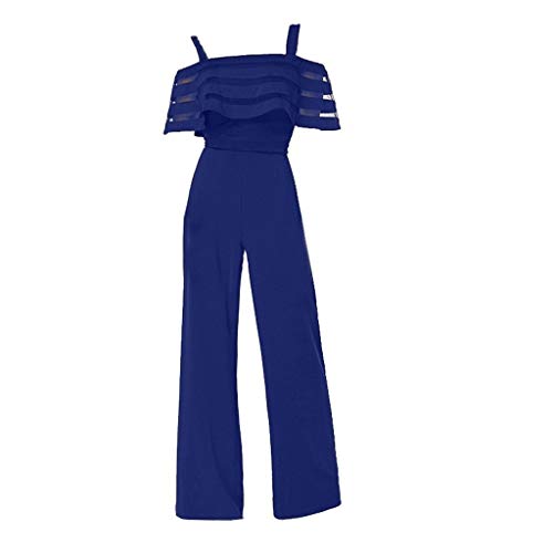 Women's Elegant Short Sleeve Spaghetti Strap Jumpsuit Rompers Lace Ruffle Edge Wide Leg Palazzo Cropped Pants Lightweight Breathable Summer Beach Wedding Playsuit (Blue, M)