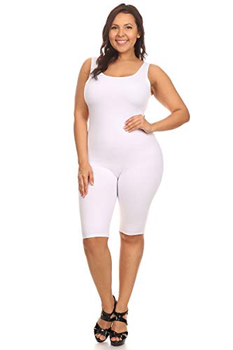 Stretch Cotton Bodysuit Women Sleeveless Stretch Cotton Skinny Solid Knee Length Sport Active Unitard Bodysuit (& Plus) (Small, White_Seller)