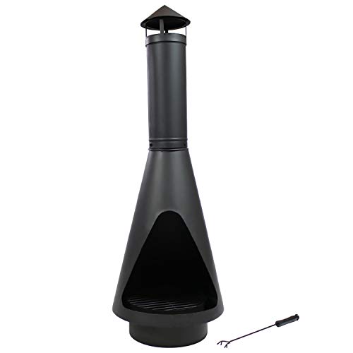 Sunnydaze Outdoor Wood Burning Steel Chiminea Fire Pit - Heavy Duty Black Metal Firepit with Log Poker, Grate and Rain Cap - Backyard Patio Fireplace - 56 Inch