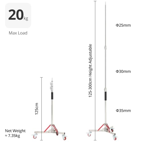 AMBITFUL AMBITFUL AS-300 Heavy Duty Light Stand with Launchers, 100% Stainless Steel, Maximum Height 305 cm, Photography Stand with Wheels for Softbox, Monolight, Reflector
