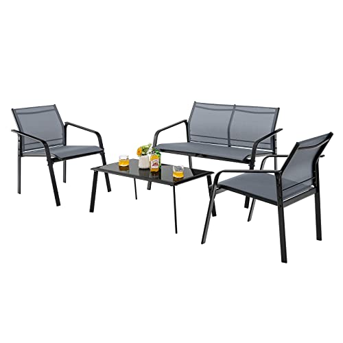 Tangkula 4 Pieces Patio Furniture Set, Outdoor Conversation Set with Tempered G…