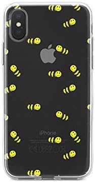 DistinctInk Clear Shockproof Hybrid Case for iPhone XR (6.1" Screen) - TPU Bumper, Acrylic Back, Tempered Glass Screen Protector - Repeating Bumble Bees
