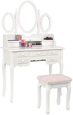 Amazon Com Giantex Bathroom Vanity Set Tri Folding Mirror Soft Padded Bench With 7 Drawer 2 Dividers Make Up Dressing Table Vanity Table Set White Beauty