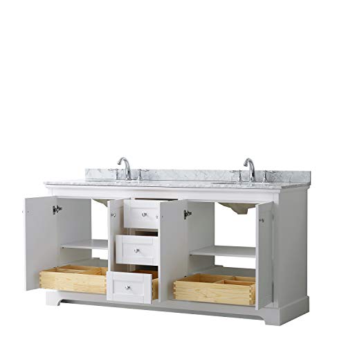 Wyndham Collection Avery 72 Inch Double Bathroom Vanity in White, White Carrara Marble Countertop, Undermount Oval Sinks, and No Mirror