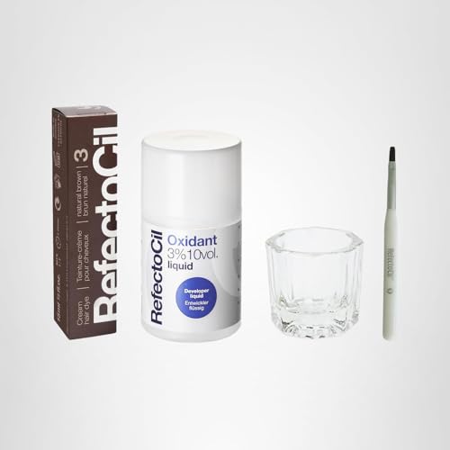 RefectoCil Natural Brown (3) Hair Tinting Kit Includes Cream Hair Dye + Liquid Oxidant 3% + Mixing Brush & Mixing Dish