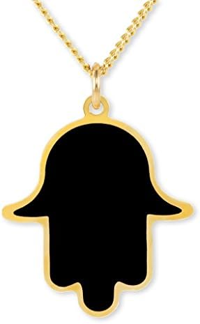 Gold Plated Hand of Fatima Necklace - Black Enamel Charm Pendant, 17.5" - Nanostyle Jewelry