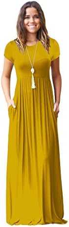 Kool Classic Women Short Sleeve Loose Plain Maxi Dresses Casual Long Dresses with Pockets Yellow X-Large