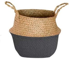 Handmade Bamboo Storage Baskets Foldable Laundry Straw Patchwork Wicker Rattan Seagrass Belly Garden Flower Pot Planter Basket Half Black 32cm