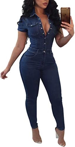 Fanvans Womens Sexy Jumpsuit Deep V Button Down Wide Leg Denim Rompers