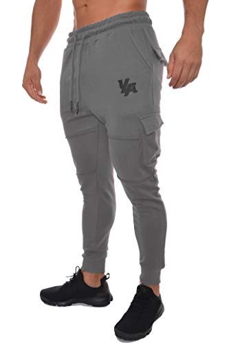 YoungLA Men's Gym Joggers Cargo Style Pants W/Multiple Pockets Tapered Fit 203 Charcoal Large