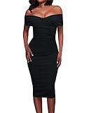Tiksawon Womens Sexy Ruched Off Shoulder Bodycon Clubwear Stage Dress L Black