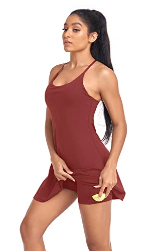 Women's Tennis Dress, Athletic Workout Sports Golf Dresses with Built-in Bra & Shorts Exercise Dresses for Women Coffee