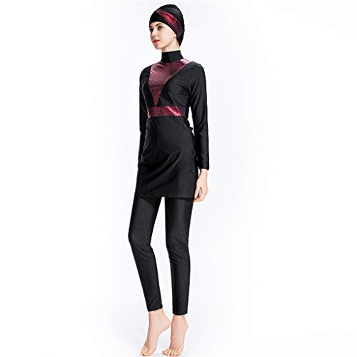 Women Plus Size Swimwear, Lady Solid Color Swimsuit Muslim Bathing Suit With Cap Beachwear Hight Neck Wetsuit