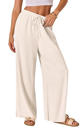 AISEW Women's Cotton Linen Palazzo Pants Drawstring Elastic Waist Casual Wide Leg Long Lounge Trousers with Pockets