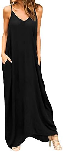 StyleDome Women's Summer Casual Plain Flowy Pockets Loose Beach Cami Maxi Dress Sundresses