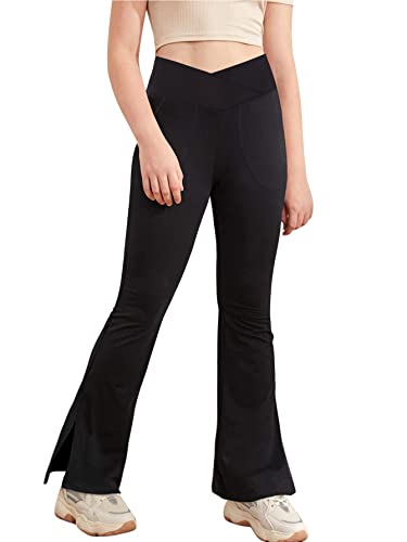 Girl's Leggings Cross High Waist Split Hem Yoga Pants Solid Color Dance Active Leggings Bell Bottoms with Pocket