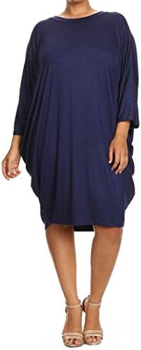 ColorMC Women's Plus Size Solid Knit Midi 3/4 Dolman Sleeves Draped Sides Dress 2XL Navy