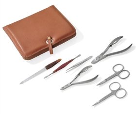 Luxury Manicure/Pedicure Set in Brown Leather Case by Dovo. Made in Solingen, Germany