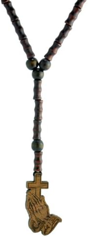 Praying hands with Cross Wooden Pendat Rosary with bamboo shaped Wood Bead Necklace SwaggWood Made in USA
