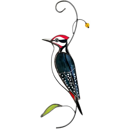 AuroAura Woodpecker Stained Glass Window Hanging for Women, Mom, Grandma - Handmade Real Glass Bird Suncatcher - Elegant Gifts Box Home Decor (H8.9xW3.2 inch)