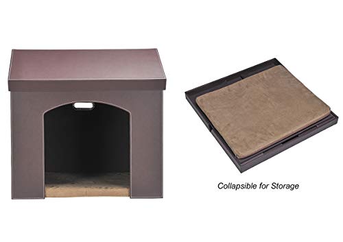 PAWLAND Collapsible Leather Pet Haven Indoor Cat Dog House for Small Dogs,Cats, Folding Dog House with Toys Storage and Bed,Roof Opens, Brown - Thumbnail 4