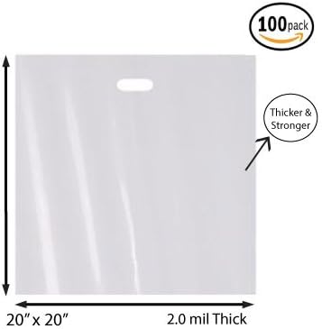 100 Pack 20" x 20" with 2 mil Thick Extra Large White Merchandise Plastic Glossy Retail Bags | Die Cut Handles | Perfect for Shopping, Large Packages, Children toys | Color White | 100% Recyclable
