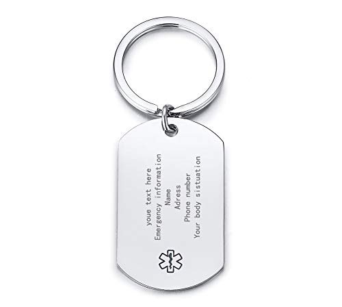 MPRAINBOW Customize Free Engraving Medical Alert Key Chain for Men Boy Diabetes Emergency Key Chain - Thumbnail 5