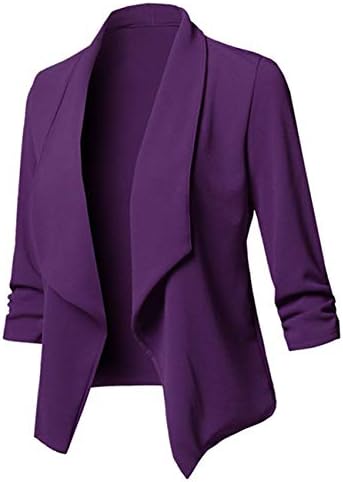 Women's Stretch 3/4 Gathered Sleeve Open Blazer Jacket Lightweight Work Office Blazer Jacket