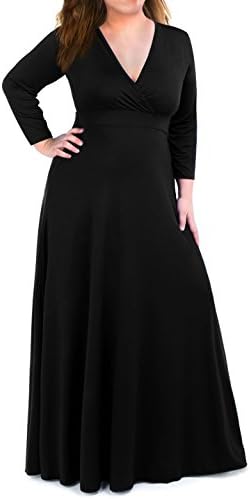 Moonlisa Plus Size Maxi Dress For Women With 3/4 Sleeves Deep V Neck Solid Color Wedding Evening Party Dress (3X, Black)