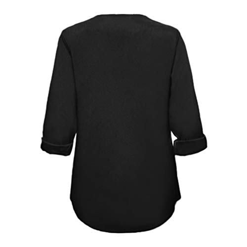 OWMEOT Women Long Sleeve V Neck Hollow Out Floral Print Shirt Tops Long Blouse Tee (Black, L)