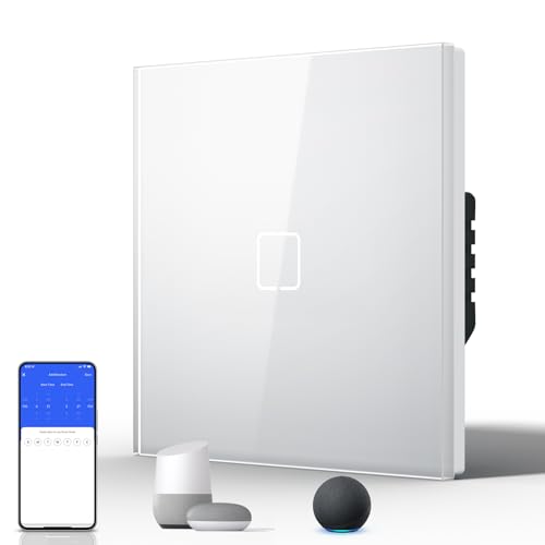 BSEED Smart Wall Touch Switch, Glass Panel, Push Button with LED Lights, Easy to Clean, E-Series, 1 Gang 1 Way, 86 mm White