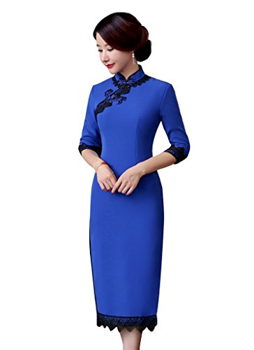 ACVIP Women Solid Color Half Sleeve Midi Chinese Blue Dress Qipao Cheongsam