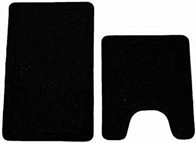 Maiija 2 Piece Set Coral Fleece Embossed Non-Slip Bathroom Mat Super Soft Memory Foam Toilet Bath Mat Contour Rectangle Size (Black-Solid)