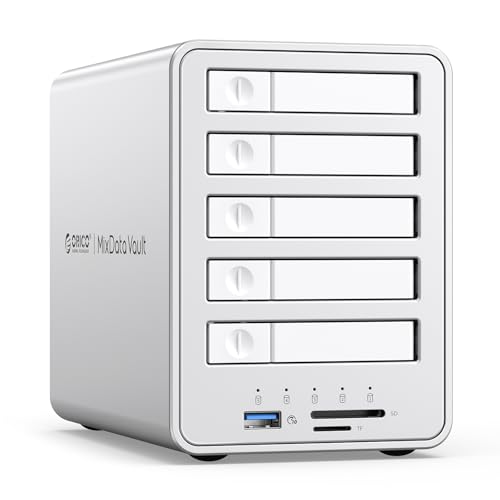 ORICO All-Flash 5 Bay Raid Hard Drive Enclosure, Compatible with 2.5 Inch SATA SSD and 2.5 Inch Hard Drives with a Thickness of 7 mm or 1 cm - 8858