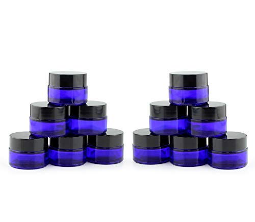 Cornucopia 15-Milliliter Cobalt Blue Glass Balm Jars (12-Pack); 1/2 oz Cosmetic Jars with Lined Black Plastic Lids