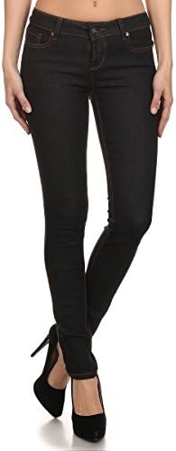 Enjean Women's Stretch Denim Skinny Jeans w/ Gold Stitching, Black &amp; Dark Wash (7, Black)