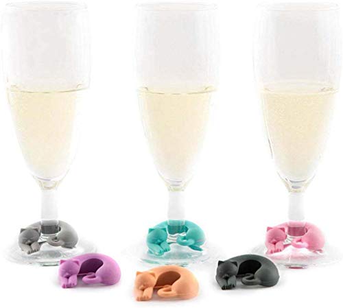 Funny Kitty Drink Markers, Wosoova Pet Cat Silicone Cocktail Champagne Wine Glass Charms Tags, Set of 6