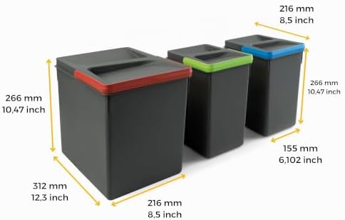 - Reciclar recipientes de gavetas de cozinha, resíduos com tampa de odor, H 266 mm (1 x 15 L + 2 x 7 L), plástico cinzento antracite