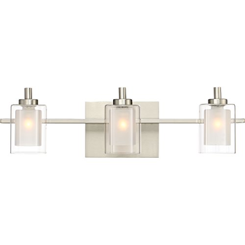 Quoizel Kolt Modern Vanity Lights, 3-Light, 21 Inch Brushed Nickel Bathroom Lighting Fixtures Over Mirror, Sandblasted Inner Glass, 50 W LED Bulb, Wall Mount Light for Bathrooms, Kitchen or Hallway
