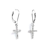 	925 Solid Sterling Silver Cubic Zirconia Dangling Bling Cross Earrings - Small CZ Dangle Cross Jewelry
