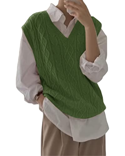 Women's V Neck Sweater Vest Oversized Sleeveless Loose Knit Tops Cable Sleeveless Sweater Green at Amazon