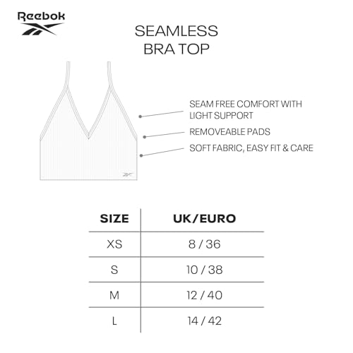 Reebok Top Corto Acanalado sin Costuras Mujer,Top Estilo Sujetador sin Costuras con sujeción Ligera, sin Aros y con Almohadillas extraíbles,Disponible en Negro o Blanco, en 4 Tallas