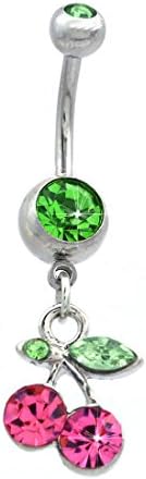 Pink Cherry Dangle Charm Green Barbell Navel Belly Ring Body Piercing Jewelry