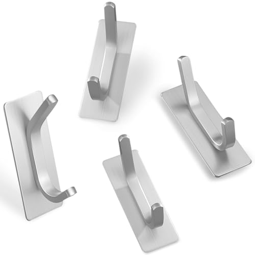 AMROAH 4pcs Stainless Steel Adhesive Hooks Wall Mounted, Heavy Duty Storage Wall Mount Hooks for Hanging Coat Clothes Towels Hat Bags for Home Entryway Bathroom Bedroom Kitchen Living Room (Silver)