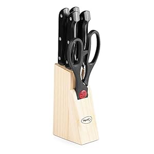 Angular Holder Pigeon Shears Kitchen Knifes 6 Piece Set with Wooden Block, Stainless Steel